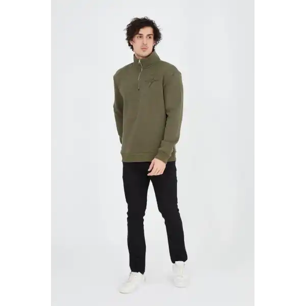 Erkek Yarım Fermuarlı Baskılı 3 iplik pamuklu sweatshirt - Yeşil
