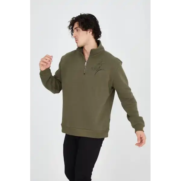 Erkek Yarım Fermuarlı Baskılı 3 iplik pamuklu sweatshirt - Yeşil