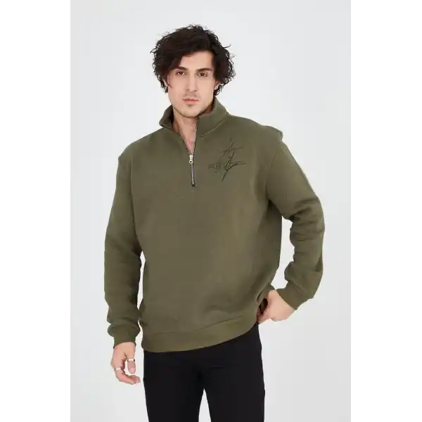 Erkek Yarım Fermuarlı Baskılı 3 iplik pamuklu sweatshirt - Yeşil