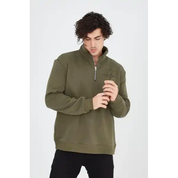 Erkek Yarım Fermuarlı Baskılı 3 iplik pamuklu sweatshirt - Yeşil