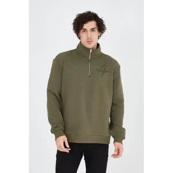 Erkek Yarım Fermuarlı Baskılı 3 iplik pamuklu sweatshirt - Yeşil