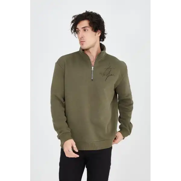 Erkek Yarım Fermuarlı Baskılı 3 iplik pamuklu sweatshirt - Yeşil