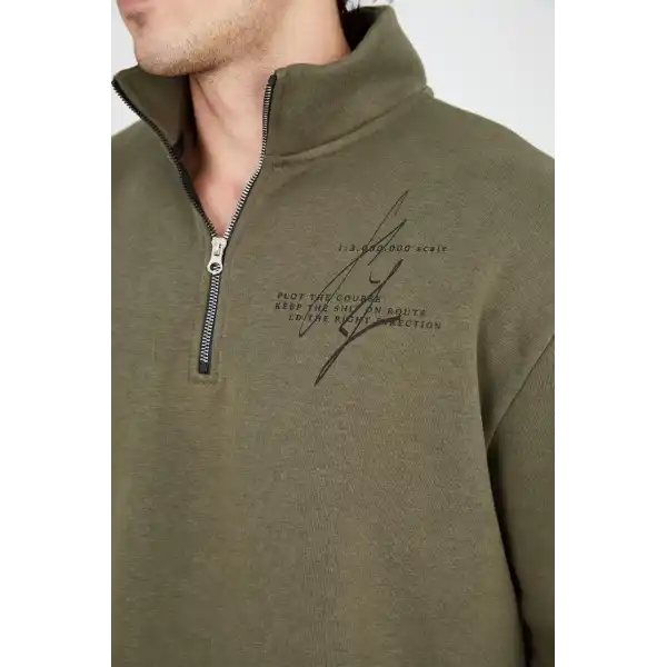 Erkek Yarım Fermuarlı Baskılı 3 iplik pamuklu sweatshirt - Yeşil