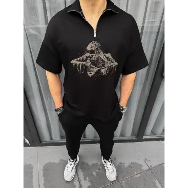 Erkek Yarım Fermuarlı Baskılı Oversize T-Shirt - Siyah