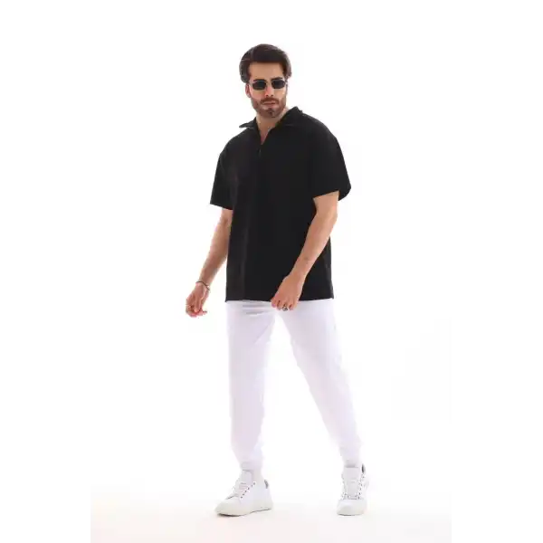 Erkek Yarım Fermuarlı Düz Oversize T-shirt - Siyah