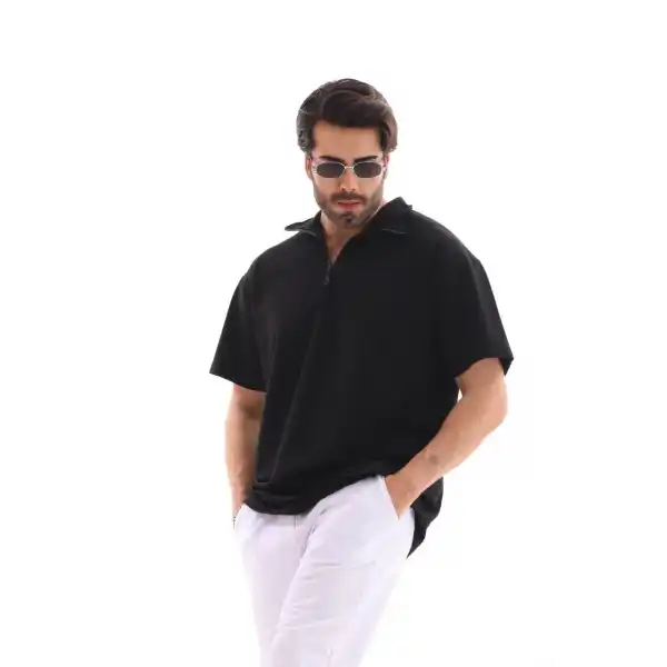 Erkek Yarım Fermuarlı Düz Oversize T-shirt - Siyah