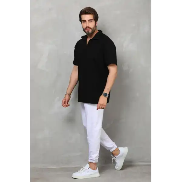 Erkek Yarım Fermuarlı Düz Oversize T-shirt - Siyah