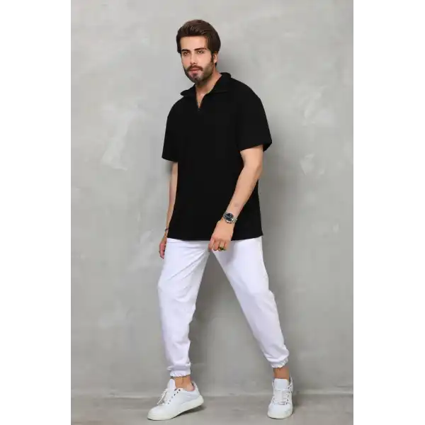 Erkek Yarım Fermuarlı Düz Oversize T-shirt - Siyah