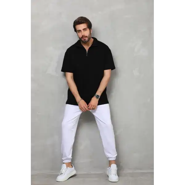 Erkek Yarım Fermuarlı Düz Oversize T-shirt - Siyah