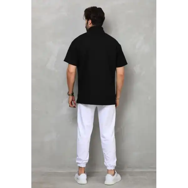 Erkek Yarım Fermuarlı Düz Oversize T-shirt - Siyah
