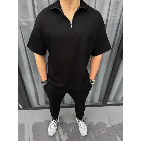 Erkek Yarım Fermuarlı Kısa kol T-Shirt - Siyah