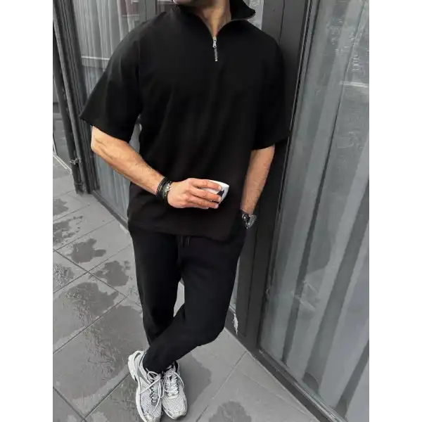 Erkek Yarım Fermuarlı Kısa kol T-Shirt - Siyah