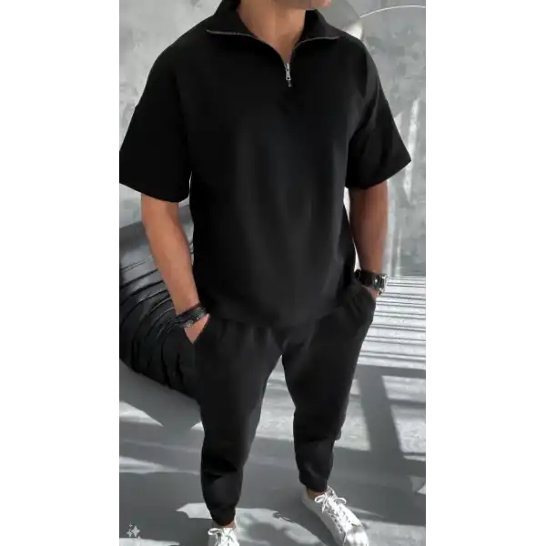 Erkek Yarım Fermuarlı Kısa kol T-Shirt - Siyah