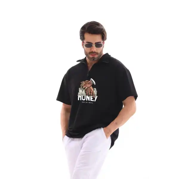 Erkek Yarım Fermuarlı Oversize Baskılı T-Shirt - Siyah