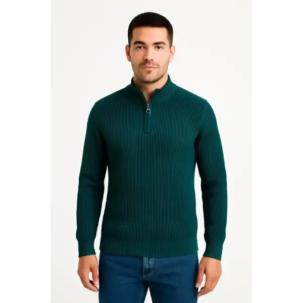 Erkek Yarım Fermuarlı Triko Kazak Selanik Örgü Dik Yaka Pamuklu Dokuma Regular Fit - Haki