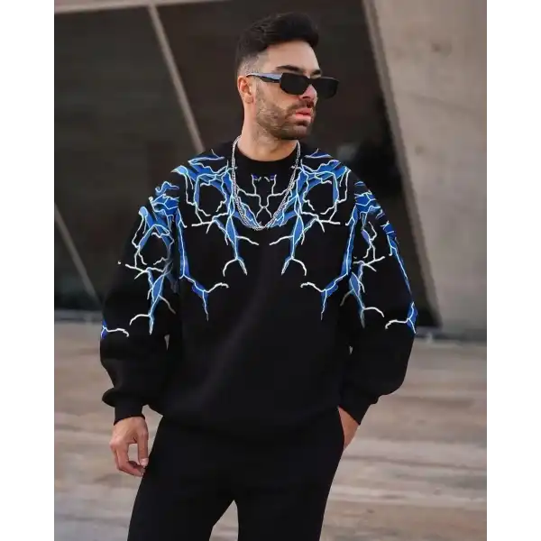 Erkek Yıldırım Baslılı Bisiklet Yaka 3 iplik pamuklu Sweatshirt - Siyah
