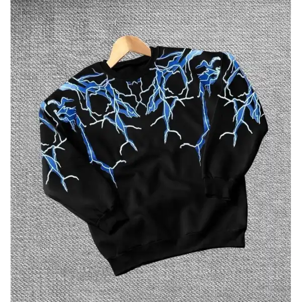 Erkek Yıldırım Baslılı Bisiklet Yaka 3 iplik pamuklu Sweatshirt - Siyah