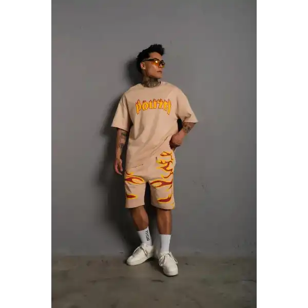 Erkek Alev Baskılı İkili Şortlu Takım - Bej