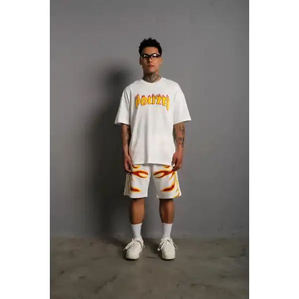 Erkek Alev Baskılı İkili Şortlu Takım - Beyaz