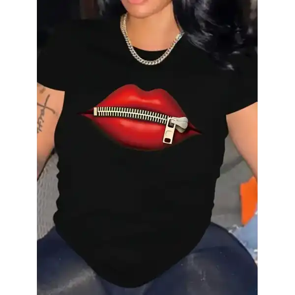 fermuar dudak baskılı tişört bisiklet yaka kısa kollu tişört - Siyah