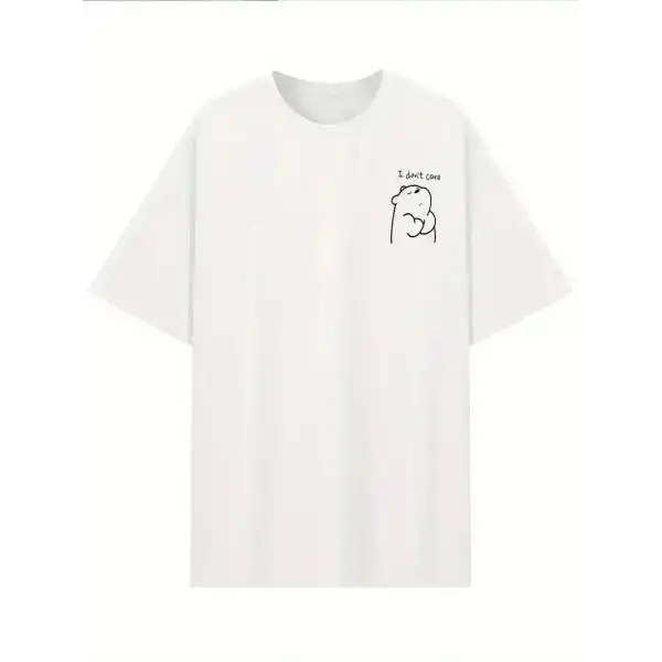 [Günlük T-Shirt] Hafif Kadın Günlük T-Shirt | Bol Kesim, Kısa Kollu, Yuvarlak Yaka, Eğlenceli Karikatür Ayı ve Umrumda Değil Baskı - Günlük Stil, İlkbahar/Yaz- Beyaz
