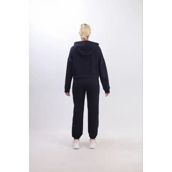 iki iplik Kapüşonlu Fermuarlı Crop Oversize Hırka Takım- Lacivert