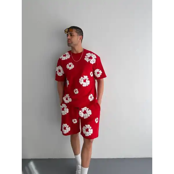 İki İplik Kumaş Baskılı T-shirt Şortlu Takım- Kırmızı