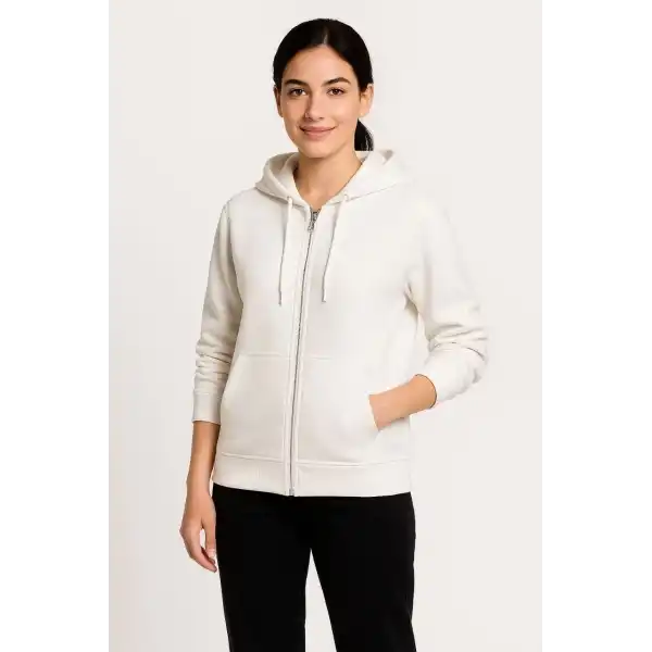 Kadın 3 İplik Kapüşonlu Tam Fermuarlı Kanguru Cepli Sweatshirt Hoodie - Beyaz