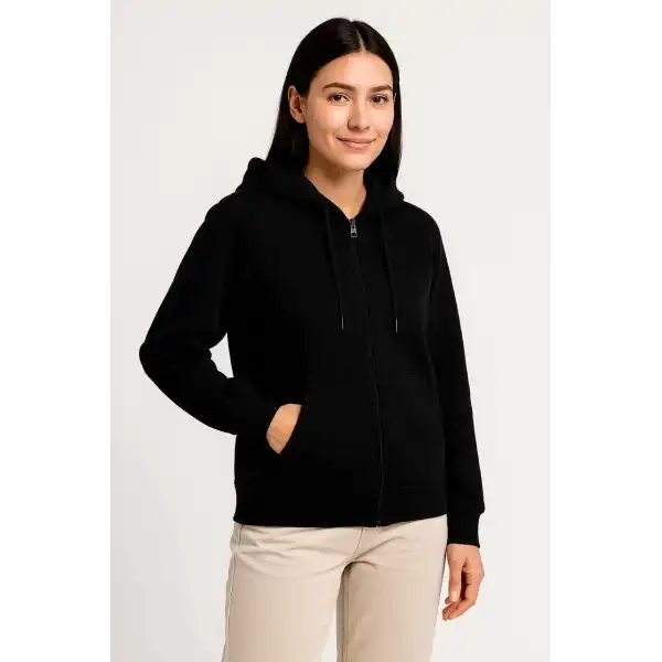 Kadın 3 İplik Kapüşonlu Tam Fermuarlı Kanguru Cepli Sweatshirt Hoodie - Siyah