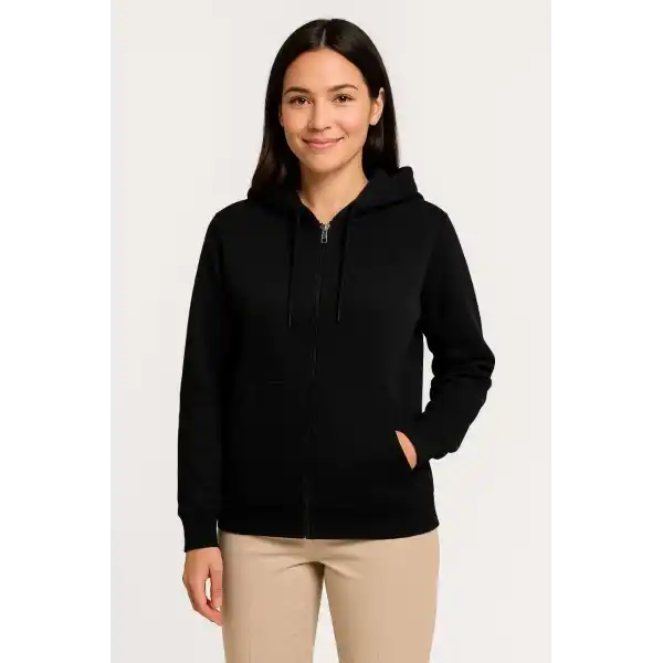 Kadın 3 İplik Kapüşonlu Tam Fermuarlı Kanguru Cepli Sweatshirt Hoodie - Siyah