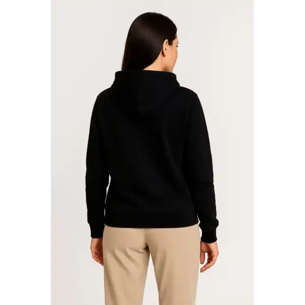Kadın 3 İplik Kapüşonlu Tam Fermuarlı Kanguru Cepli Sweatshirt Hoodie - Siyah