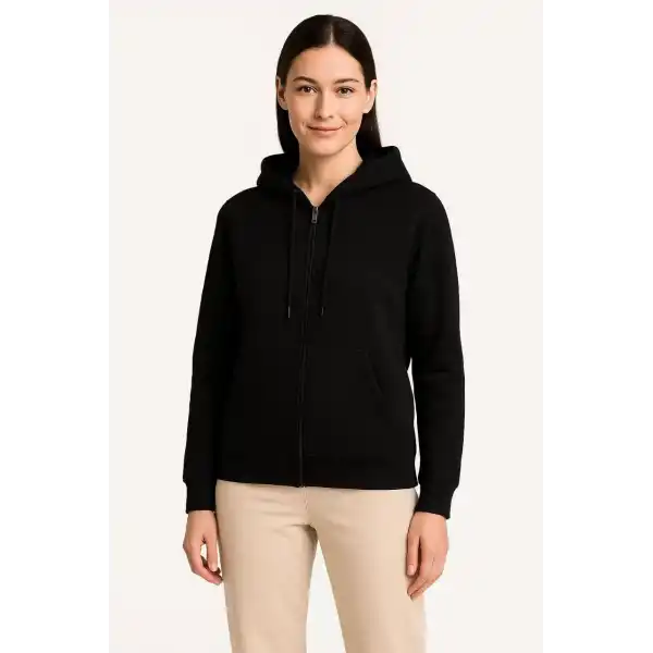 Kadın 3 İplik Kapüşonlu Tam Fermuarlı Kanguru Cepli Sweatshirt Hoodie - Siyah