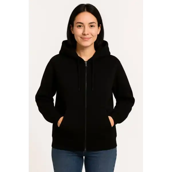 Kadın 3 İplik Kapüşonlu Tam Fermuarlı Kanguru Cepli Sweatshirt Hoodie - Siyah