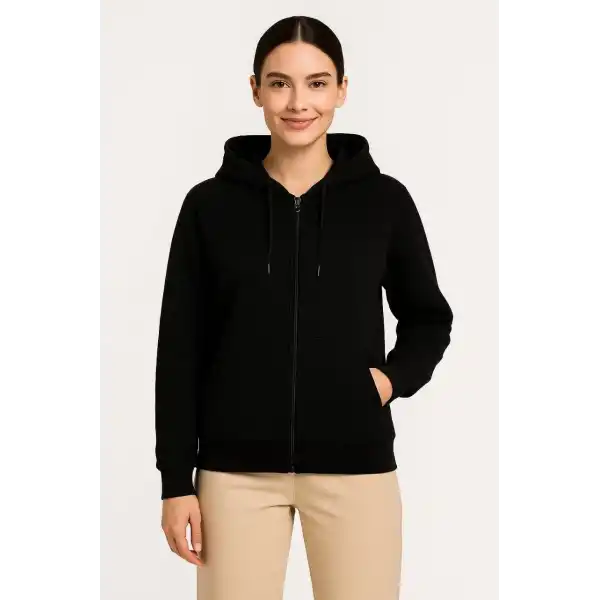 Kadın 3 İplik Kapüşonlu Tam Fermuarlı Kanguru Cepli Sweatshirt Hoodie - Siyah
