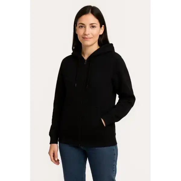 Kadın 3 İplik Kapüşonlu Tam Fermuarlı Kanguru Cepli Sweatshirt Hoodie - Siyah