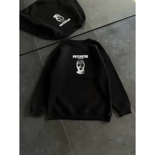 Kadın 3 iplik Kışlık Bisiklet Yaka Baskılı SweatShirt - Siyah