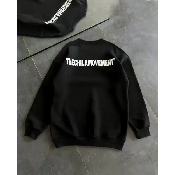 Kadın 3 iplik Kışlık pamuklu Bisiklet Yaka Oversize Baskılı SweatShirt - Siyah