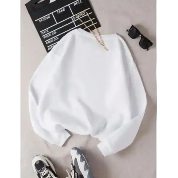 Kadın 3 İplik Pamuklu Bisikilet Yaka SweatShirt - Beyaz