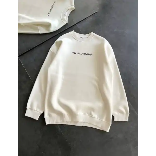 Kadın 3 İplik Pamuklu Bisiklet Yaka Baskılı SweatShirt - Beyaz