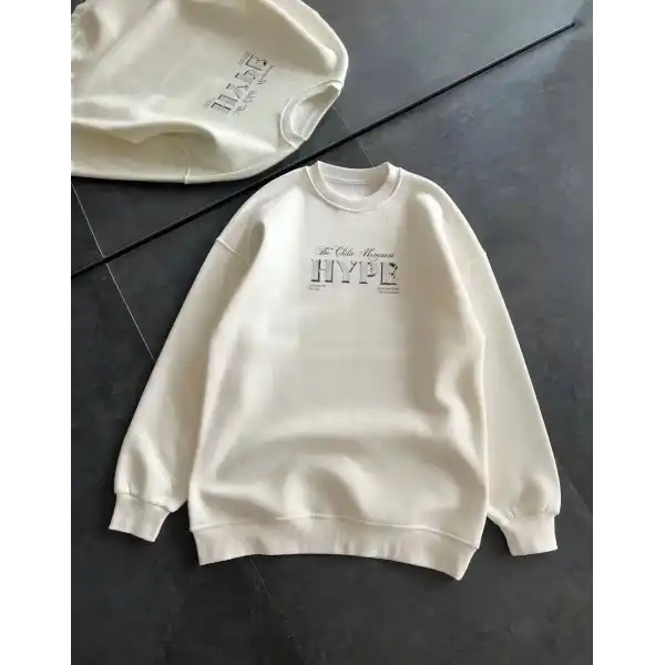 Kadın 3 İplik Pamuklu Bisiklet Yaka Baskılı SweatShirt - Beyaz