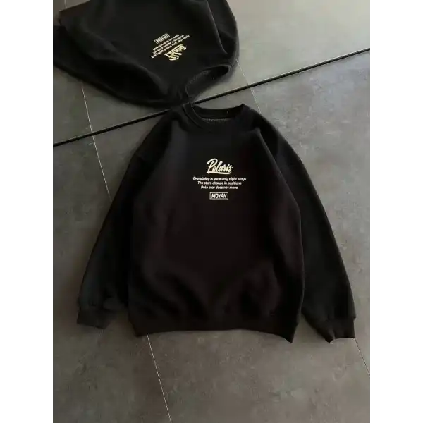 Kadın 3 iplik Pamuklu Bisiklet Yaka Baskılı SweatShirt - Siyah