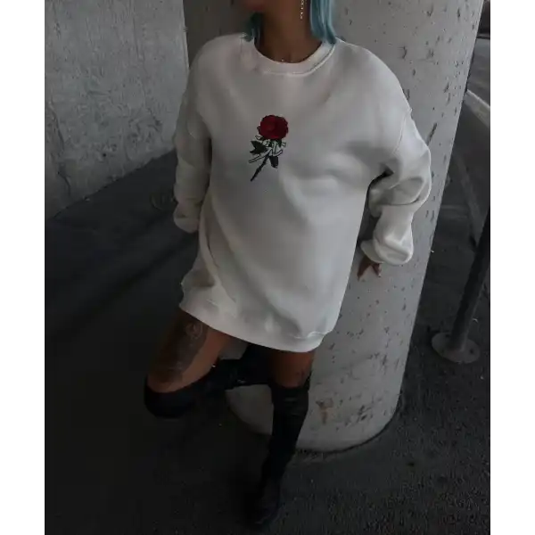 Kadın 3 iplik Pamuklu Bisiklet Yaka GÜL Baskılı SweatShirt - BeyazBeyaz