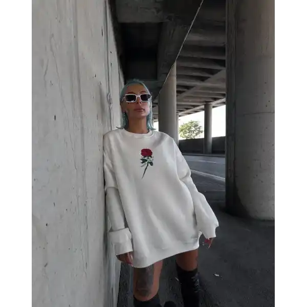Kadın 3 iplik Pamuklu Bisiklet Yaka GÜL Baskılı SweatShirt - BeyazBeyaz