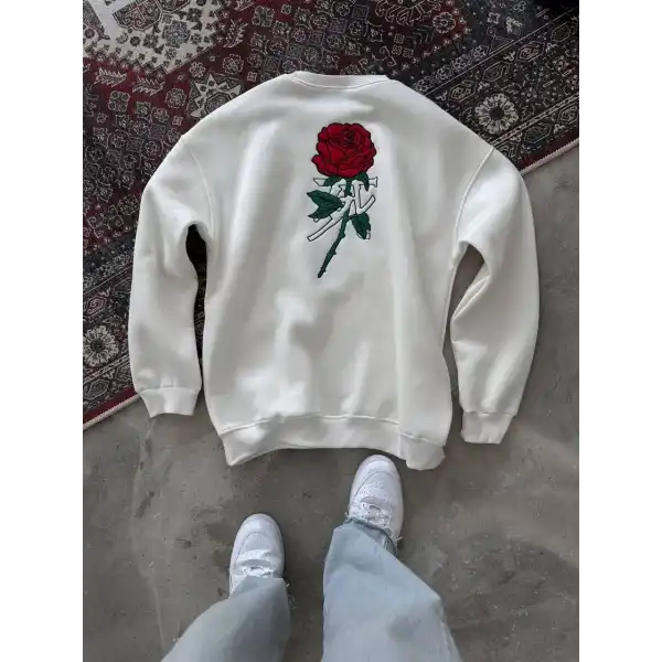 Kadın 3 iplik Pamuklu Bisiklet Yaka GÜL Baskılı SweatShirt - BeyazBeyaz