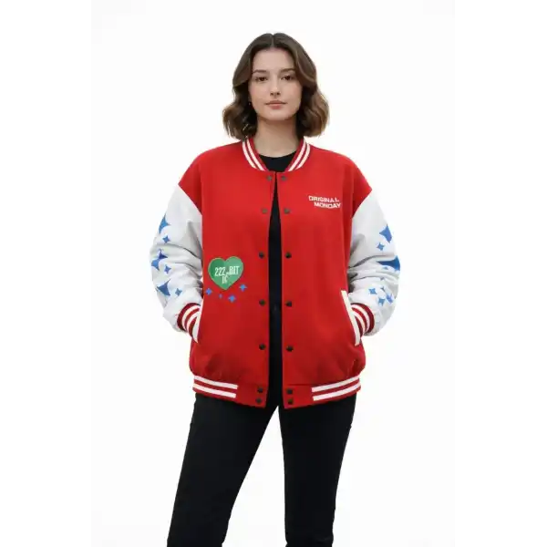 Kadın 3 İplik Pamuklu Çıtçıtlı. Baskılı Oversize Kalıp Kolej Ceket - Kırmızı