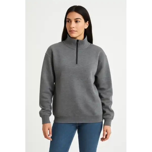 Kadın 3 İplik Pamuklu Dık Yaka Yarım Fermuarlı SweatShirt - Antrasit