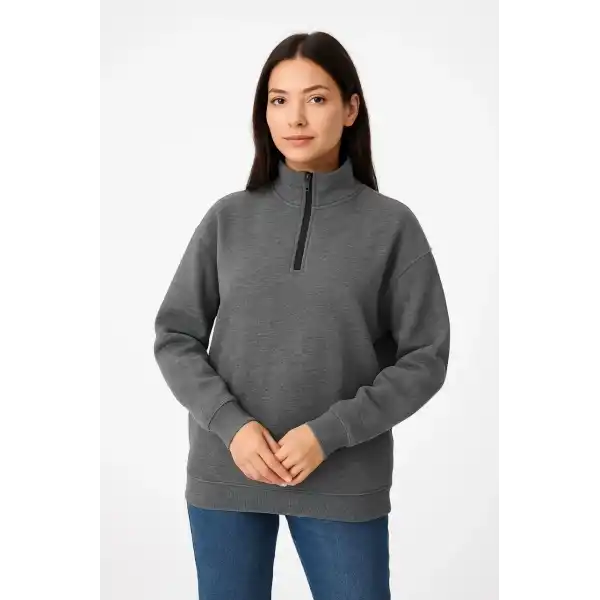 Kadın 3 İplik Pamuklu Dık Yaka Yarım Fermuarlı SweatShirt - Antrasit