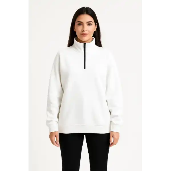 Kadın 3 İplik Pamuklu Dık Yaka Yarım Fermuarlı SweatShirt - Beyaz