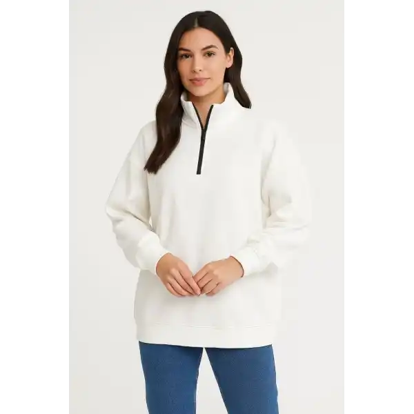 Kadın 3 İplik Pamuklu Dık Yaka Yarım Fermuarlı SweatShirt - Beyaz