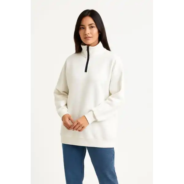 Kadın 3 İplik Pamuklu Dık Yaka Yarım Fermuarlı SweatShirt - Beyaz